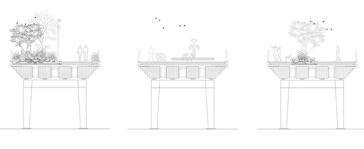 Cross-section drawings - Passerelle Zwolle - Cross-section of the bridge and the growing medium above the CLT deck slab.
